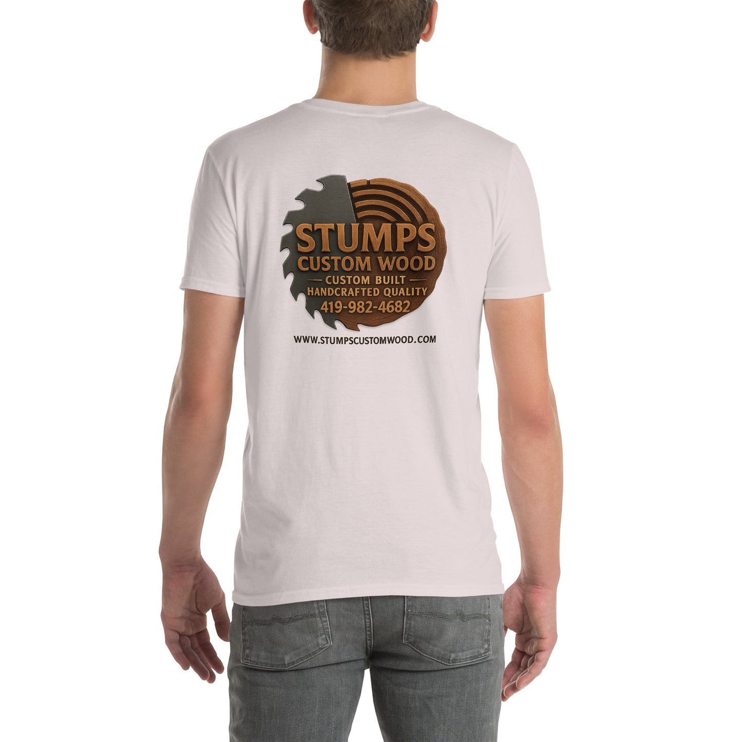 Person wearing a Stumps Custom Wood Short-Sleeve Unisex T-Shirt with a logo on the back.