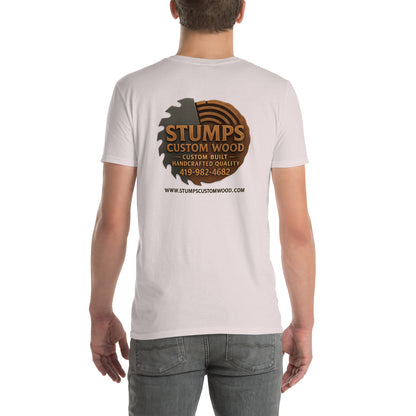 Person wearing a Stumps Custom Wood Short-Sleeve Unisex T-Shirt with a logo on the back.