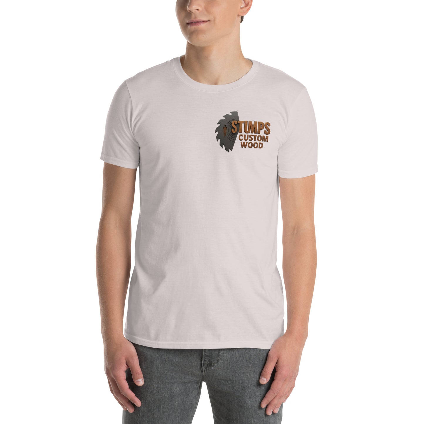 Stumps Custom Wood Short-Sleeve Unisex T-Shirt worn by model, showcasing a comfortable fit and branded design.