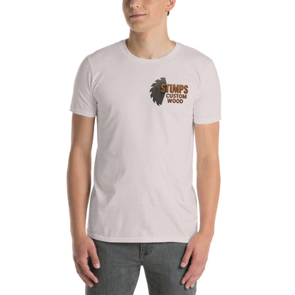 Stumps Custom Wood Short-Sleeve Unisex T-Shirt worn by model, showcasing a comfortable fit and branded design.
