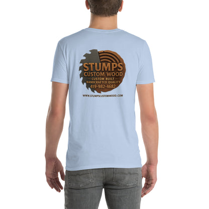 Stumps Custom Wood Short-Sleeve Unisex T-Shirt featuring a logo on the back, showcasing craftsmanship and quality.