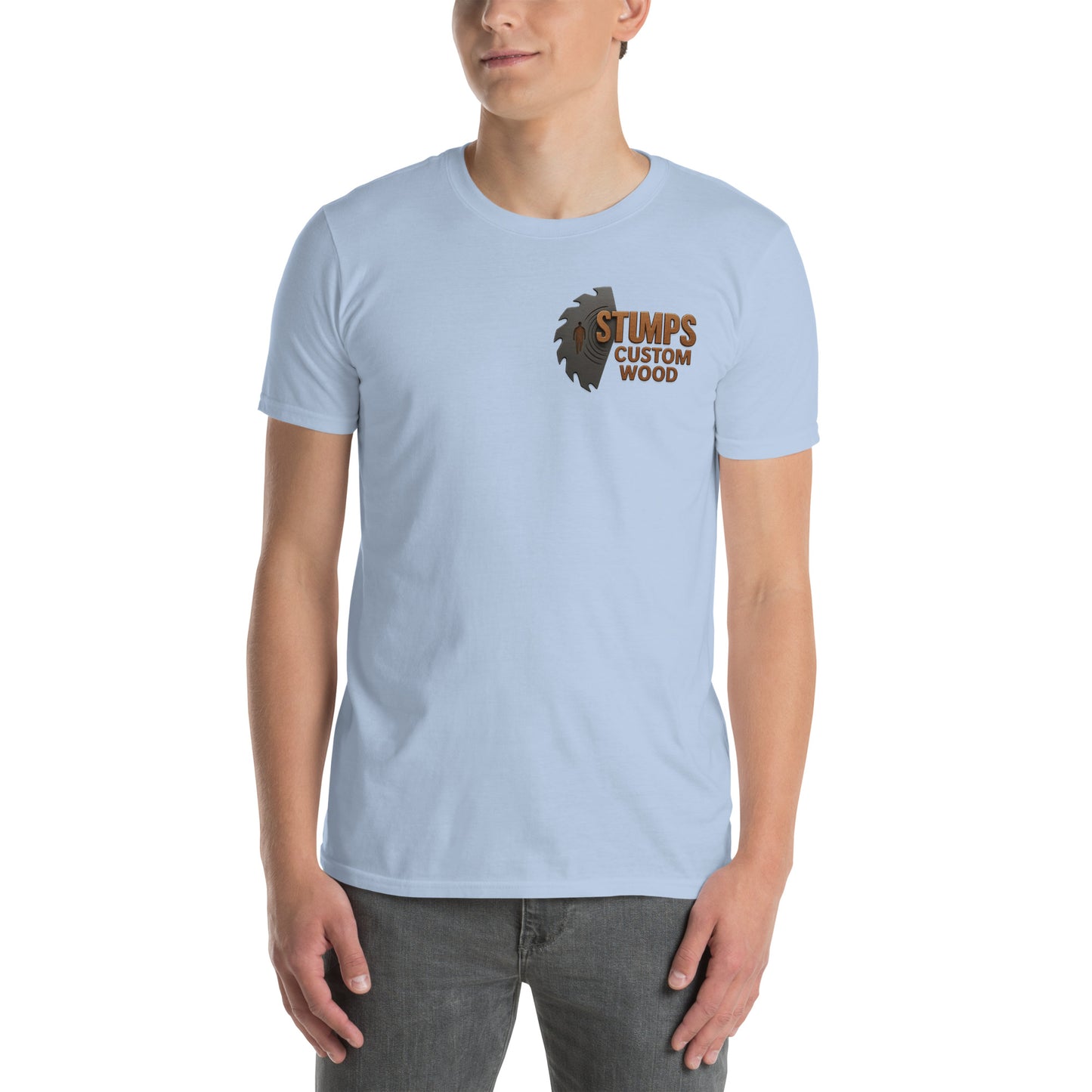 Stumps Custom Wood Short-Sleeve Unisex T-Shirt in light blue worn by a model, showcasing its soft and comfy design.
