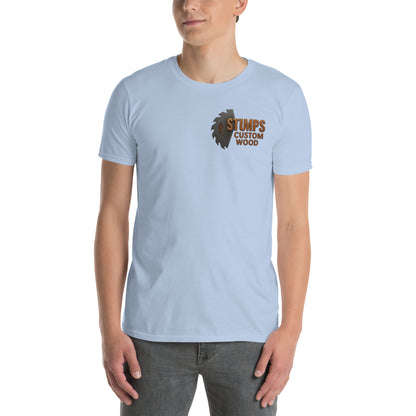 Stumps Custom Wood Short-Sleeve Unisex T-Shirt in light blue worn by a model, showcasing its soft and comfy design.