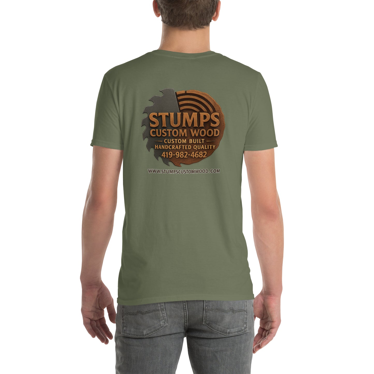 Stumps Custom Wood Short-Sleeve Unisex T-Shirt displayed on a model, showcasing the logo and design at the back view.