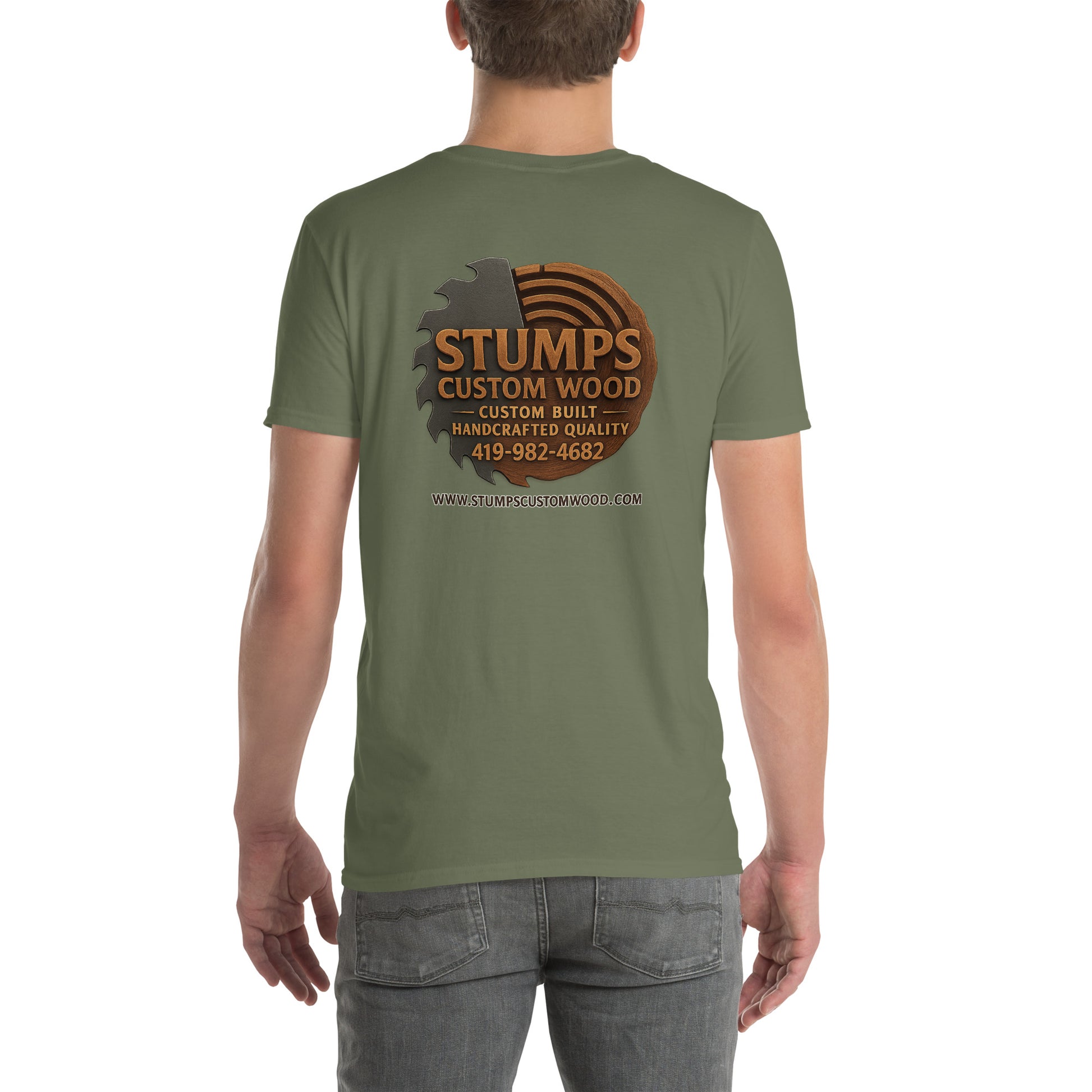 Stumps Custom Wood Short-Sleeve Unisex T-Shirt displayed on a model, showcasing the logo and design at the back view.