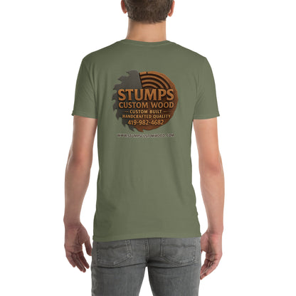 Stumps Custom Wood Short-Sleeve Unisex T-Shirt displayed on a model, showcasing the logo and design at the back view.