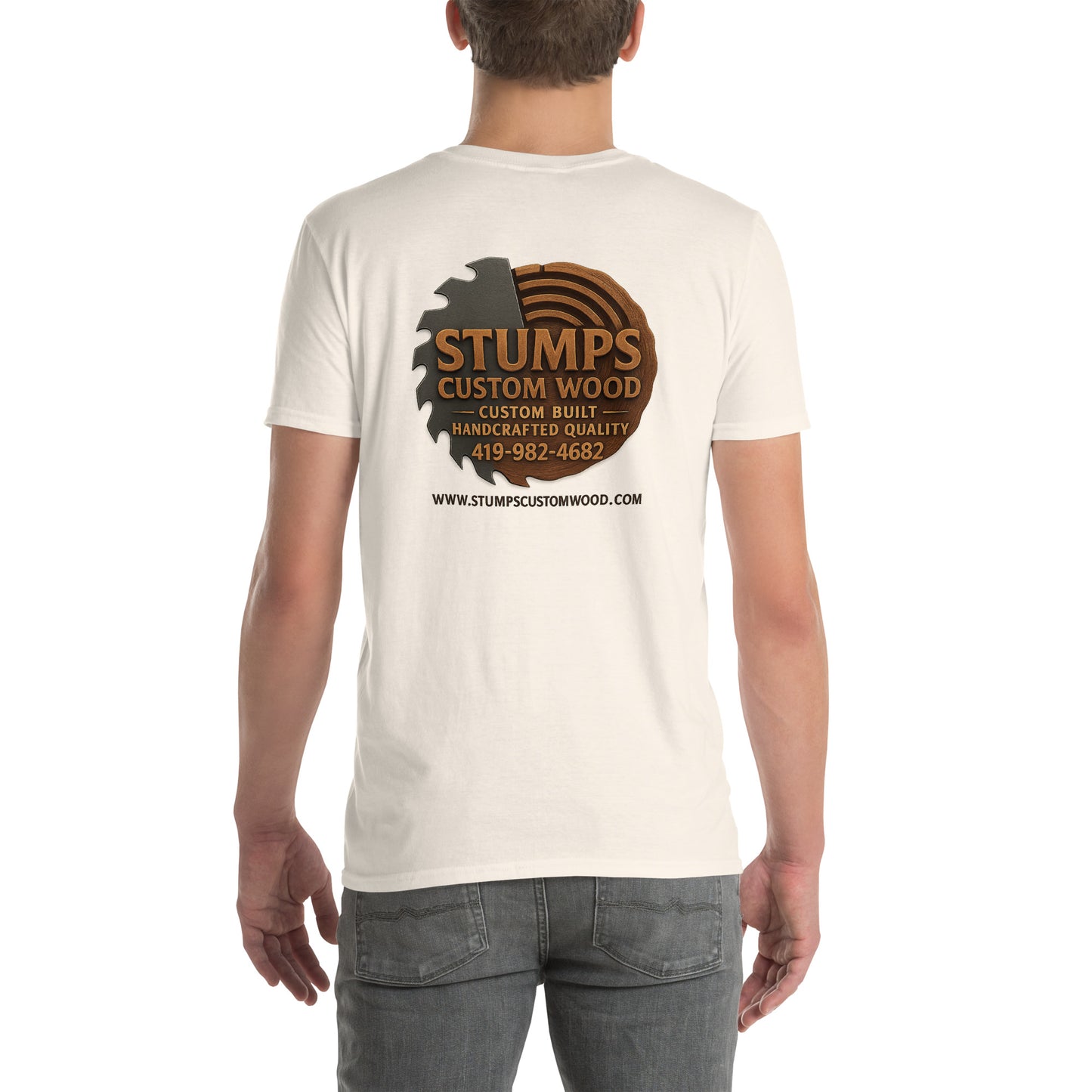 Stumps Custom Wood Short-Sleeve Unisex T-Shirt featuring logo and contact information on the back.