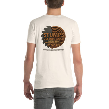 Stumps Custom Wood Short-Sleeve Unisex T-Shirt featuring logo and contact information on the back.