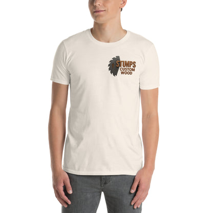 Stumps Custom Wood Short-Sleeve Unisex T-Shirt in white worn by a model with a casual look.