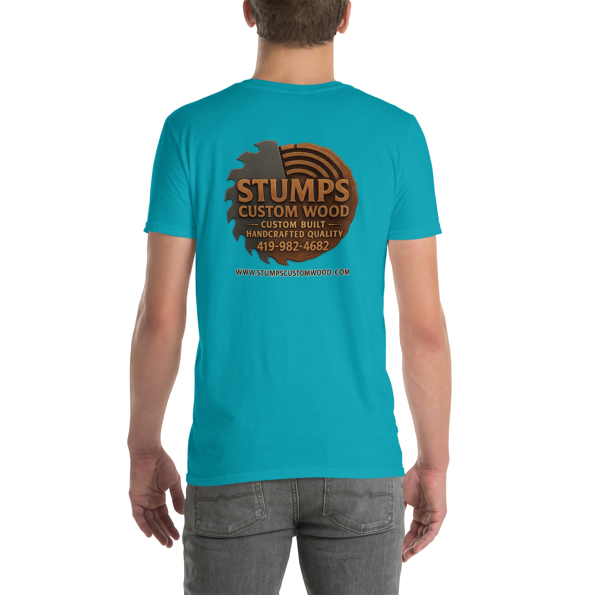 Stumps Custom Wood Short-Sleeve Unisex T-Shirt featuring a vibrant blue design with logo on the back.