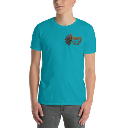 Stumps Custom Wood Short-Sleeve Unisex T-Shirt in turquoise worn by a model, showcasing its soft and comfy design.