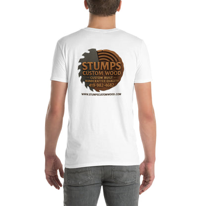 Stumps Custom Wood Short-Sleeve Unisex T-Shirt featuring custom logo on back, perfect for casual wear.