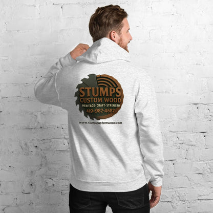Stumps Custom Wood Unisex Hoodie featuring logo design on back, perfect for cozy evenings and stylish comfort.