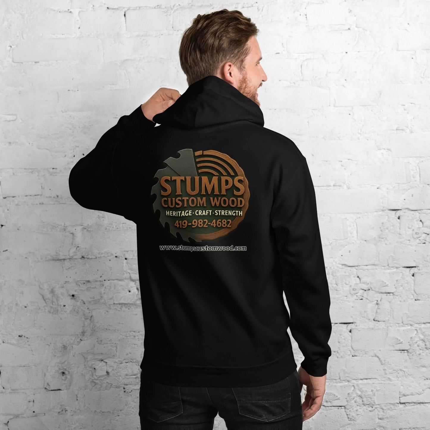 Stumps Custom Wood Unisex Hoodie showcasing a logo on the back, perfect for stylish comfort in cooler weather.