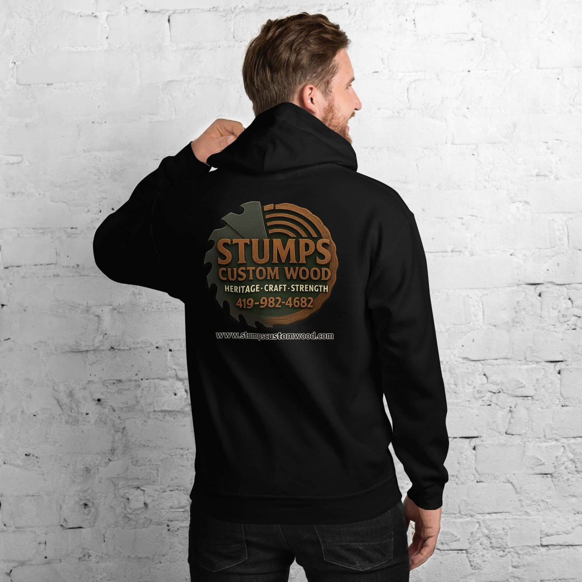 Stumps Custom Wood Unisex Hoodie showcasing a logo on the back, perfect for stylish comfort in cooler weather.