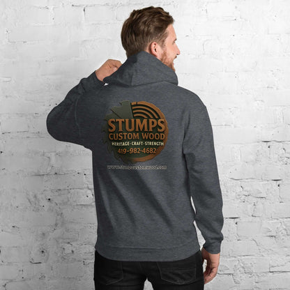 Stumps Custom Wood Unisex Hoodie featuring a stylish logo on the back, ideal for cozy evenings.