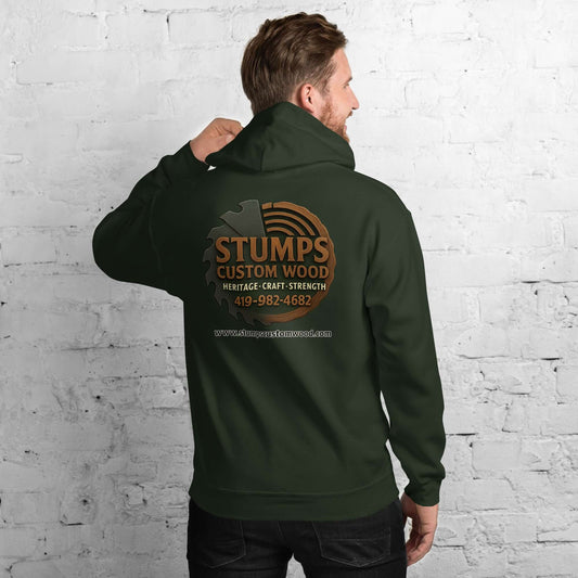 Stumps Custom Wood Unisex Hoodie in dark green with logo on back, perfect for cozy evenings.