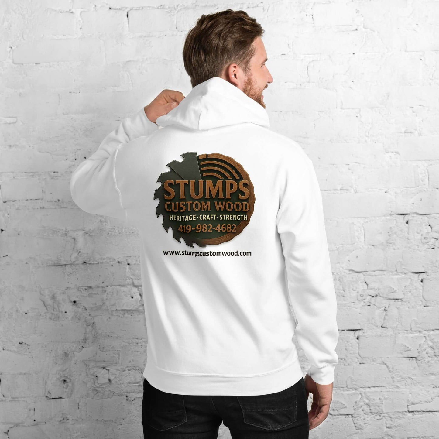 Stumps Custom Wood Unisex Hoodie featuring a logo design on the back, perfect for stylish comfort.