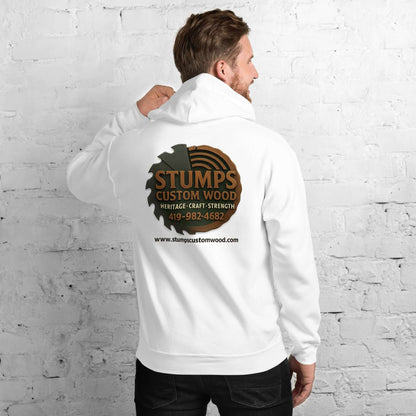 Stumps Custom Wood Unisex Hoodie featuring a logo design on the back, perfect for stylish comfort.