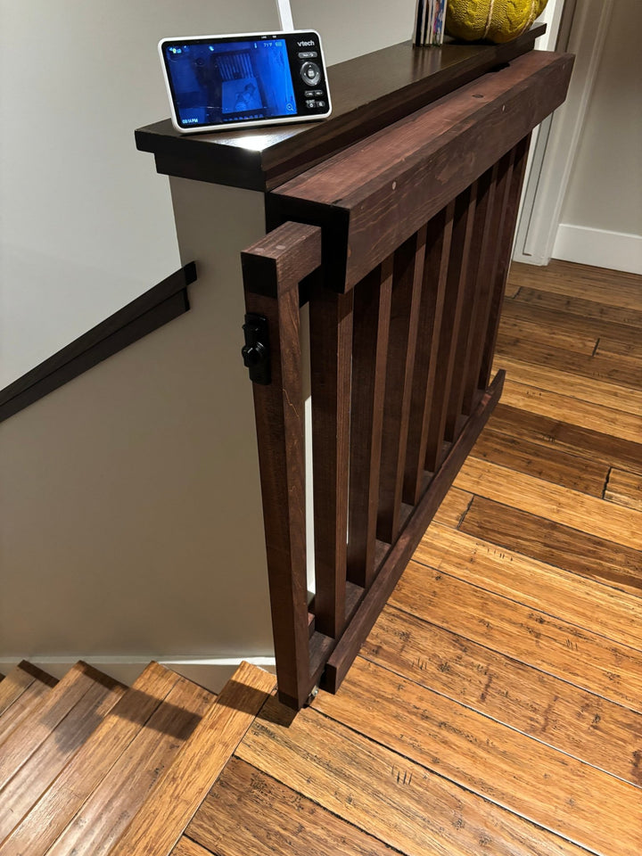 Vertical Slat Sliding Baby &amp; Pet Gate | Concealed Wood Safety Gate - Stumps Custom Wood