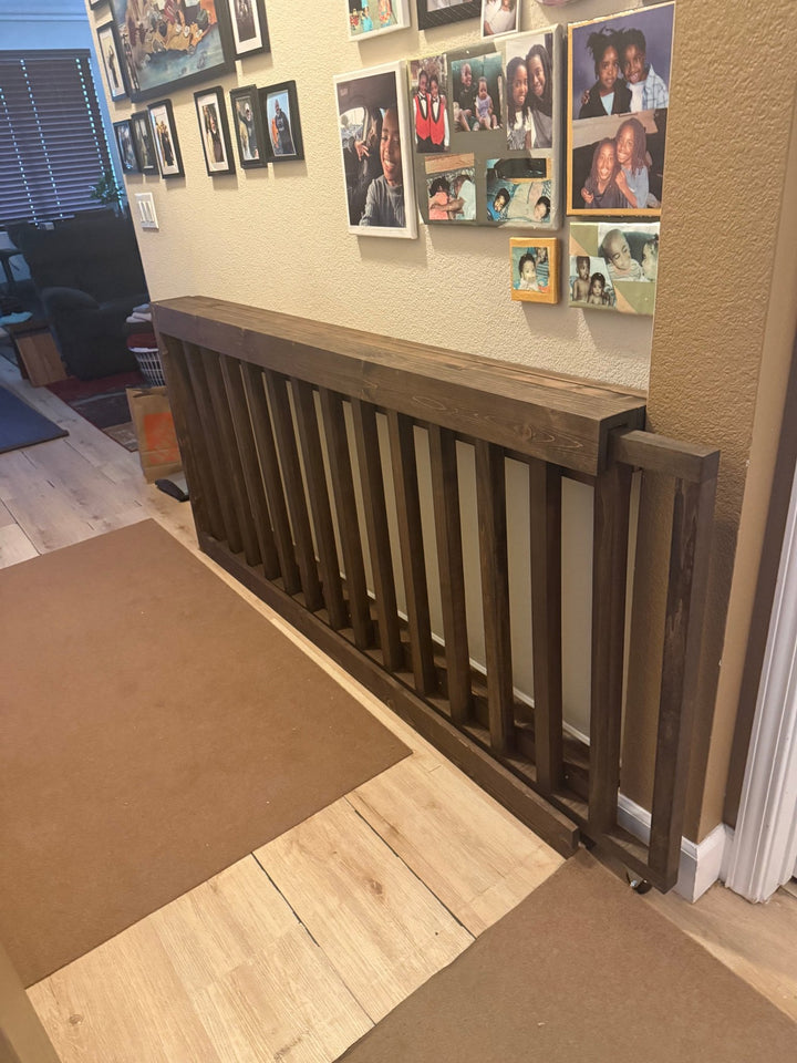 Vertical Slat Sliding Baby &amp; Pet Gate | Concealed Wood Safety Gate - Stumps Custom Wood