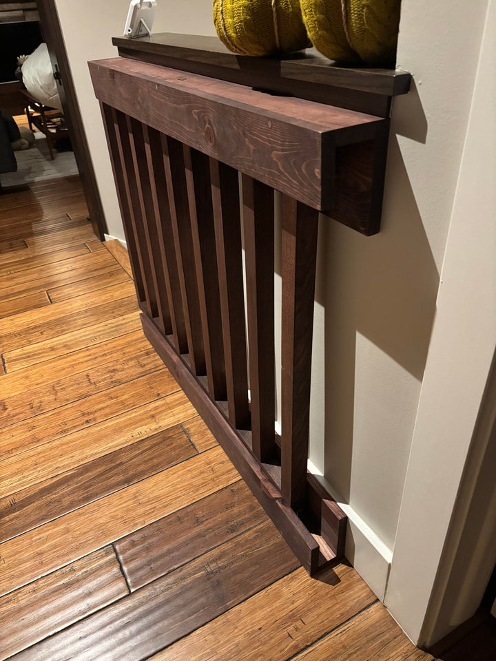 Vertical Slat Sliding Baby &amp; Pet Gate | Concealed Wood Safety Gate - Stumps Custom Wood