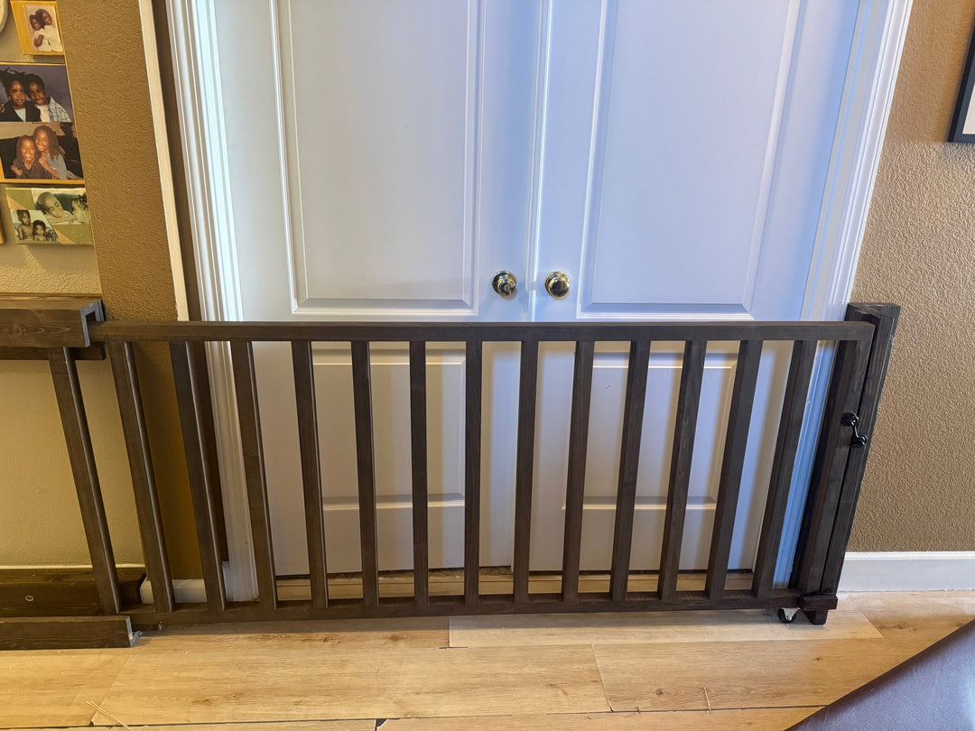 Vertical Slat Sliding Baby &amp; Pet Gate | Concealed Wood Safety Gate - Stumps Custom Wood