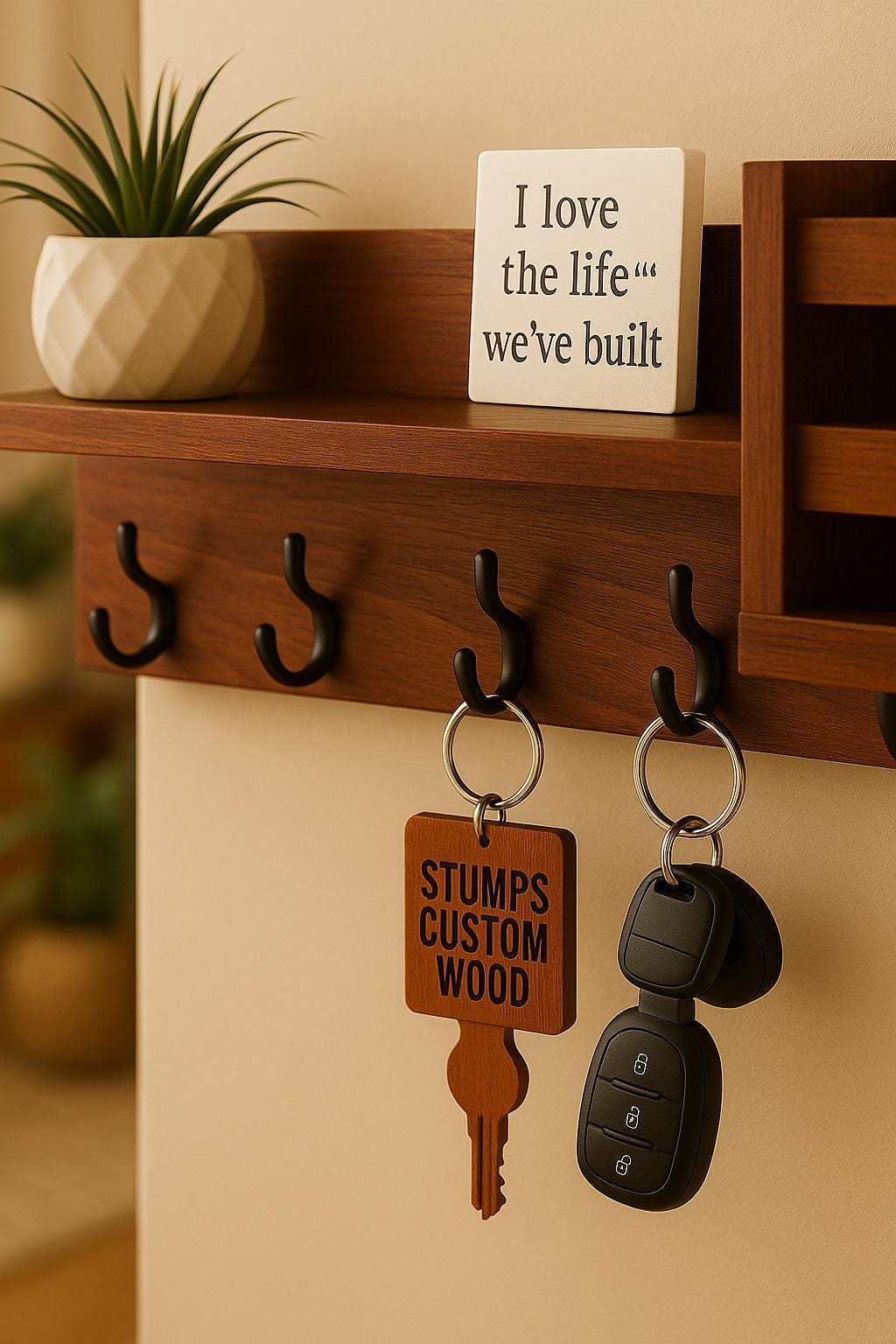 Wall Mounted Entryway Organizer: Wood Shelf, Mail &amp; Key Holder - Stumps Custom Wood