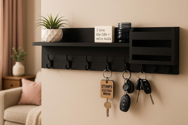 Wall Mounted Entryway Organizer: Wood Shelf, Mail &amp; Key Holder - Stumps Custom Wood