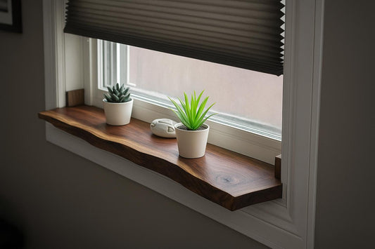 wood walnut live Window Sill Shelf: Adhesive Rustic Plant Display - Stumps Custom Wood