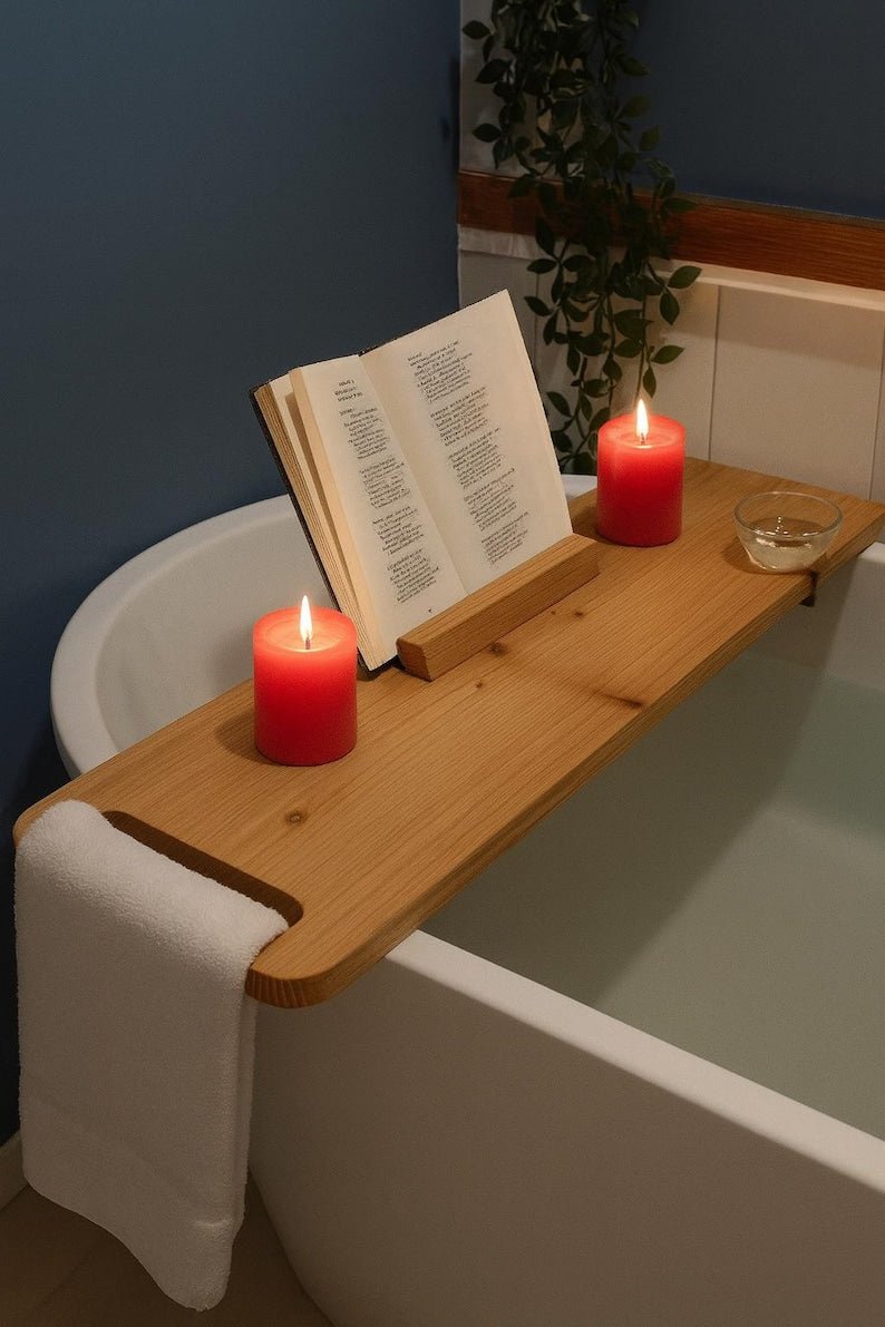 wooden bathtub tray with book holder: Wooden Bath Tub Caddy - Stumps Custom Wood