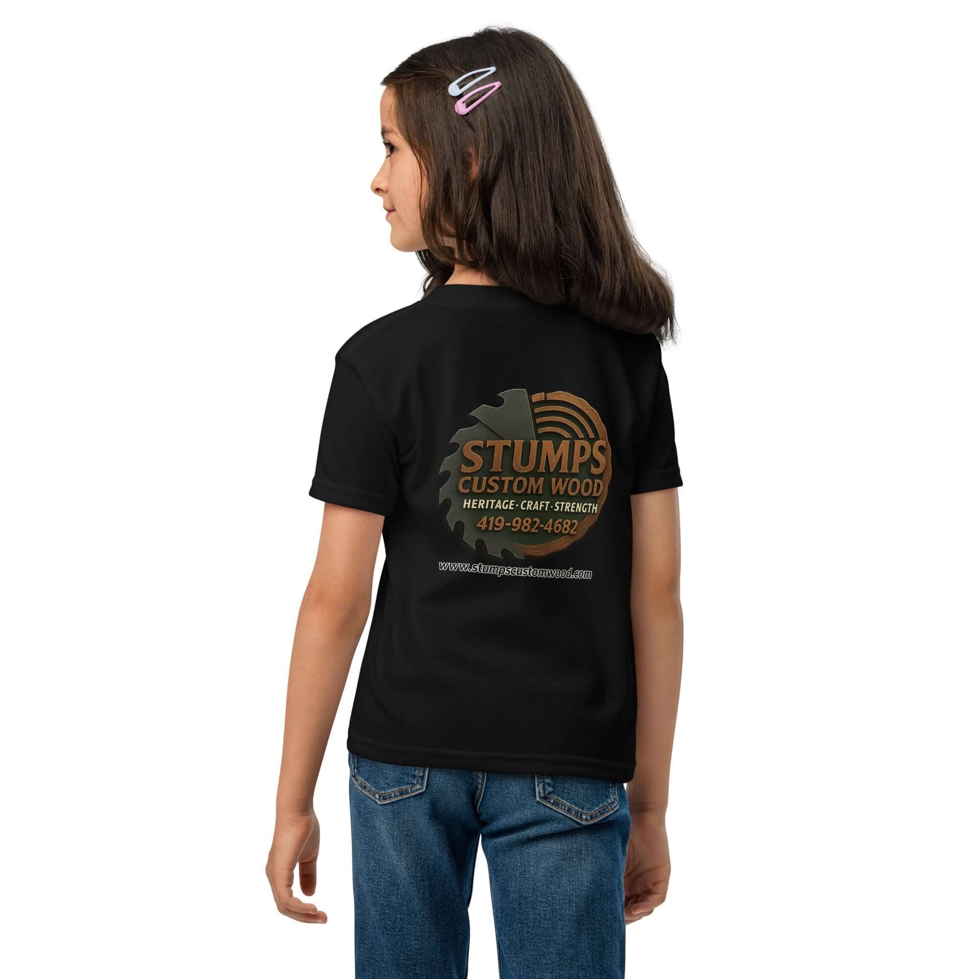 Stumps Custom Wood Youth t-shirt featuring logo on black fabric, perfect for active kids and comfortable wear.