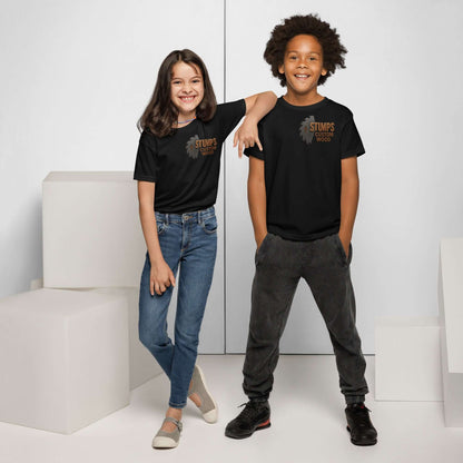 Stumps Custom Wood Youth t-shirt worn by two kids, showcasing a modern fit and moisture-wicking fabric.