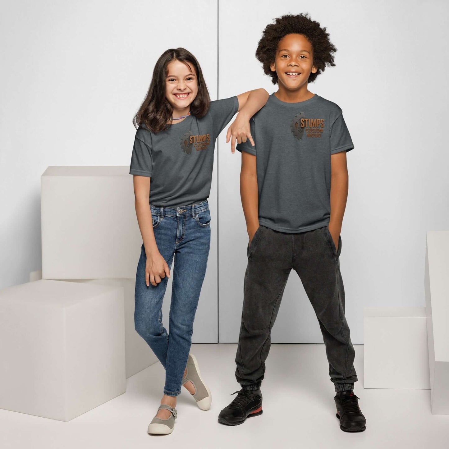 Stumps Custom Wood Youth t-shirt worn by two kids, showcasing comfortable fit and modern design.