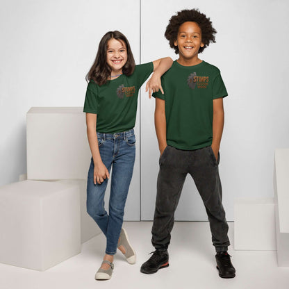 Two kids wearing Stumps Custom Wood Youth t-shirt in green, showcasing a modern fit and comfort.