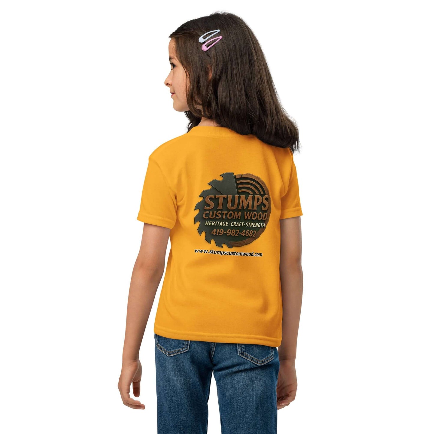 Stumps Custom Wood Youth t-shirt featuring a bright yellow color and logo on the back, perfect for active kids.