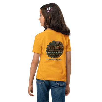 Stumps Custom Wood Youth t-shirt featuring a bright yellow color and logo on the back, perfect for active kids.