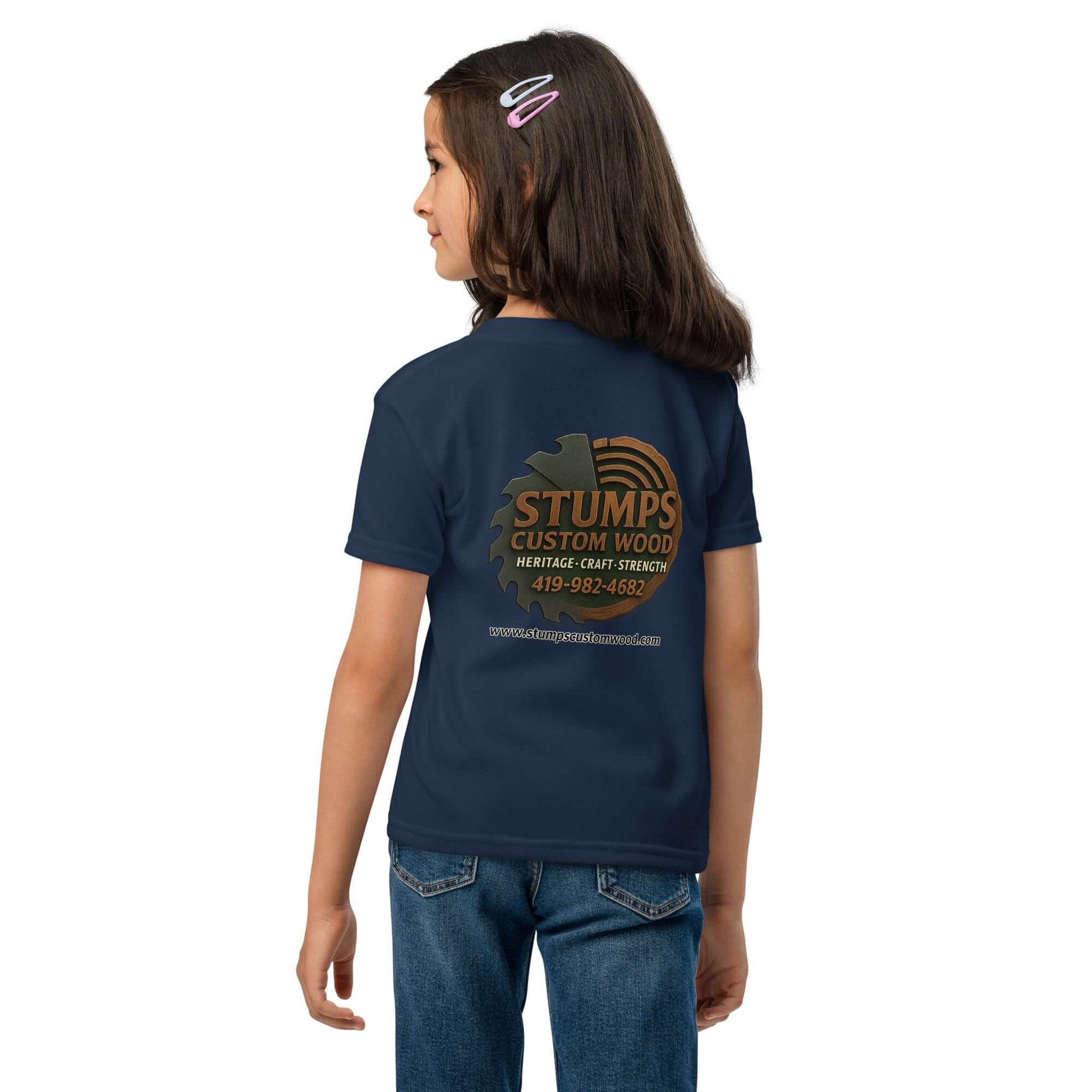 Stumps Custom Wood Youth t-shirt featuring moisture-wicking fabric, modern fit, and classic ribbed collar, perfect for active kids.