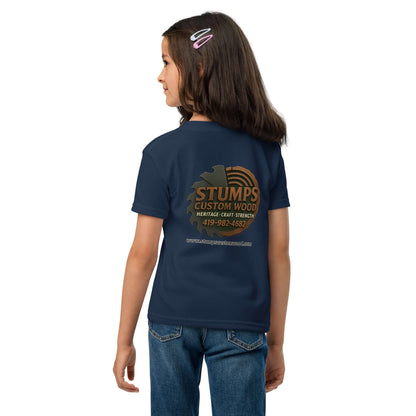 Stumps Custom Wood Youth t-shirt featuring moisture-wicking fabric, modern fit, and classic ribbed collar, perfect for active kids.