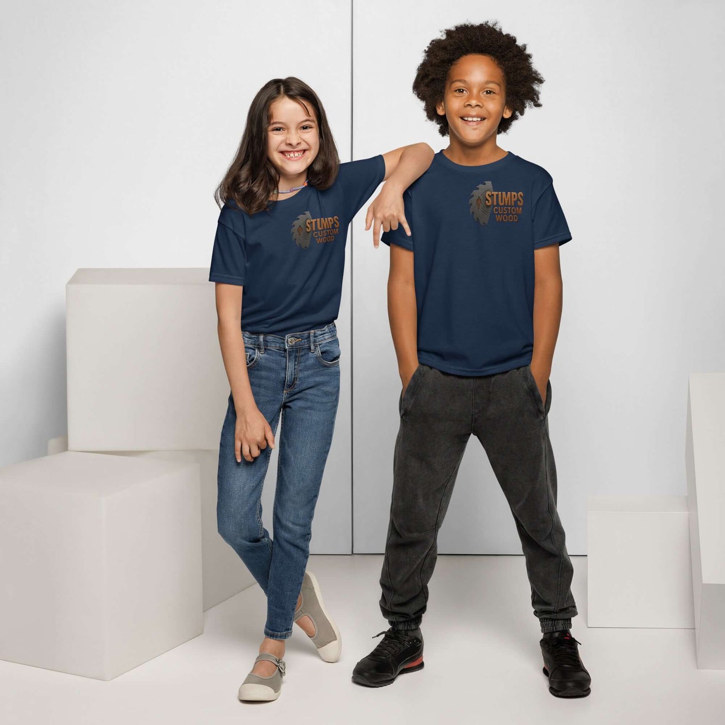 Stumps Custom Wood Youth t-shirt worn by two kids, showcasing comfort and style in a modern fit.