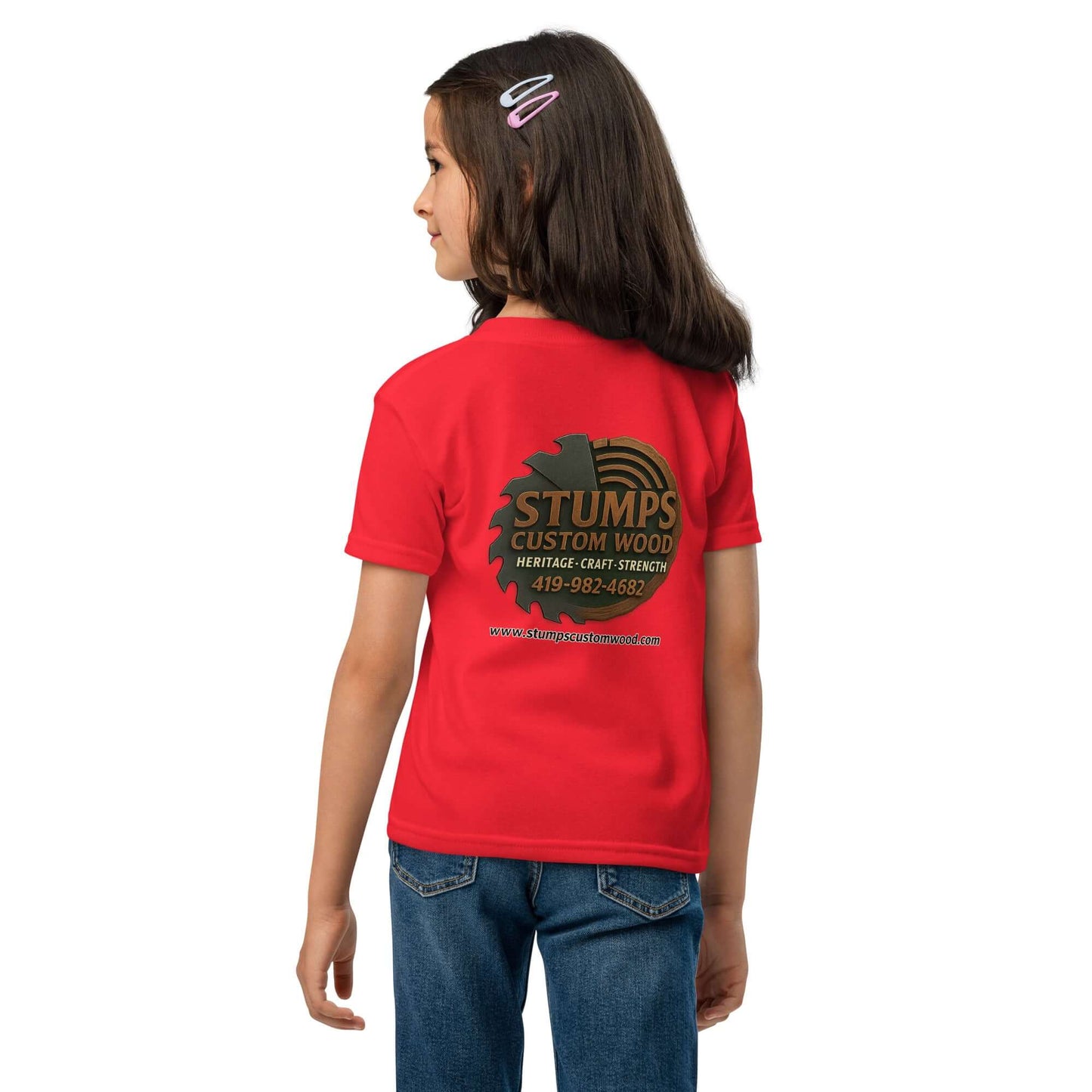 Stumps Custom Wood Youth t-shirt featuring a red color and logo on the back, perfect for active kids.