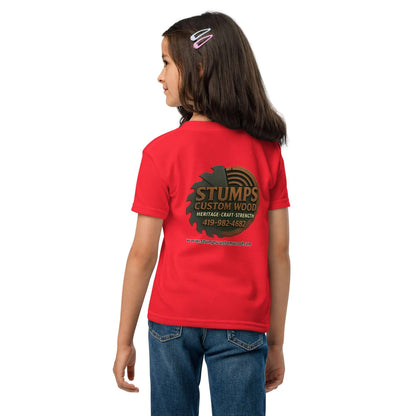 Stumps Custom Wood Youth t-shirt featuring a red color and logo on the back, perfect for active kids.
