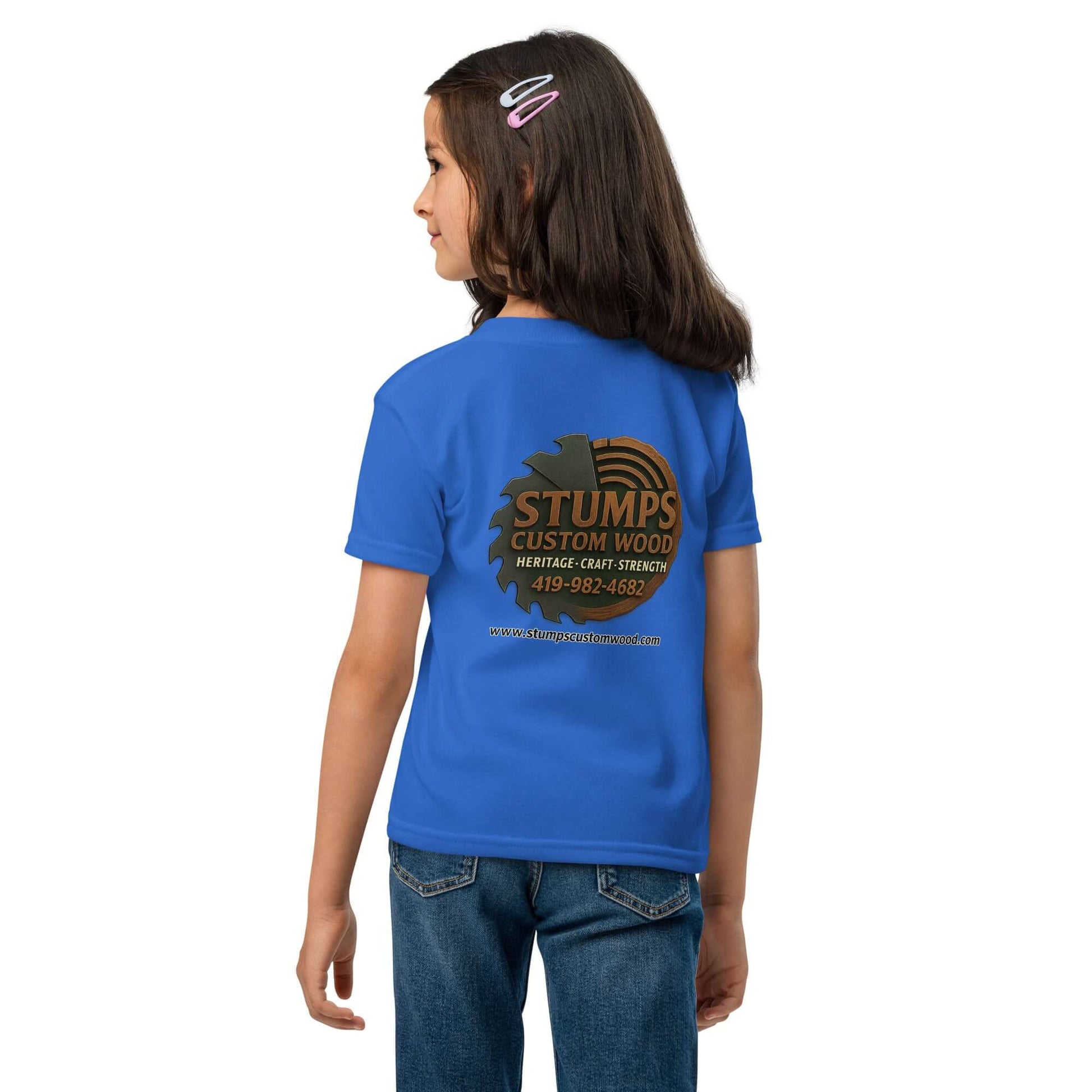 Stumps Custom Wood Youth t-shirt displayed on a child, showcasing its modern fit and moisture-wicking fabric.