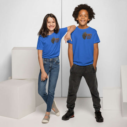 Stumps Custom Wood Youth t-shirt displayed on kids in blue, showcasing modern fit and moisture-wicking fabric.