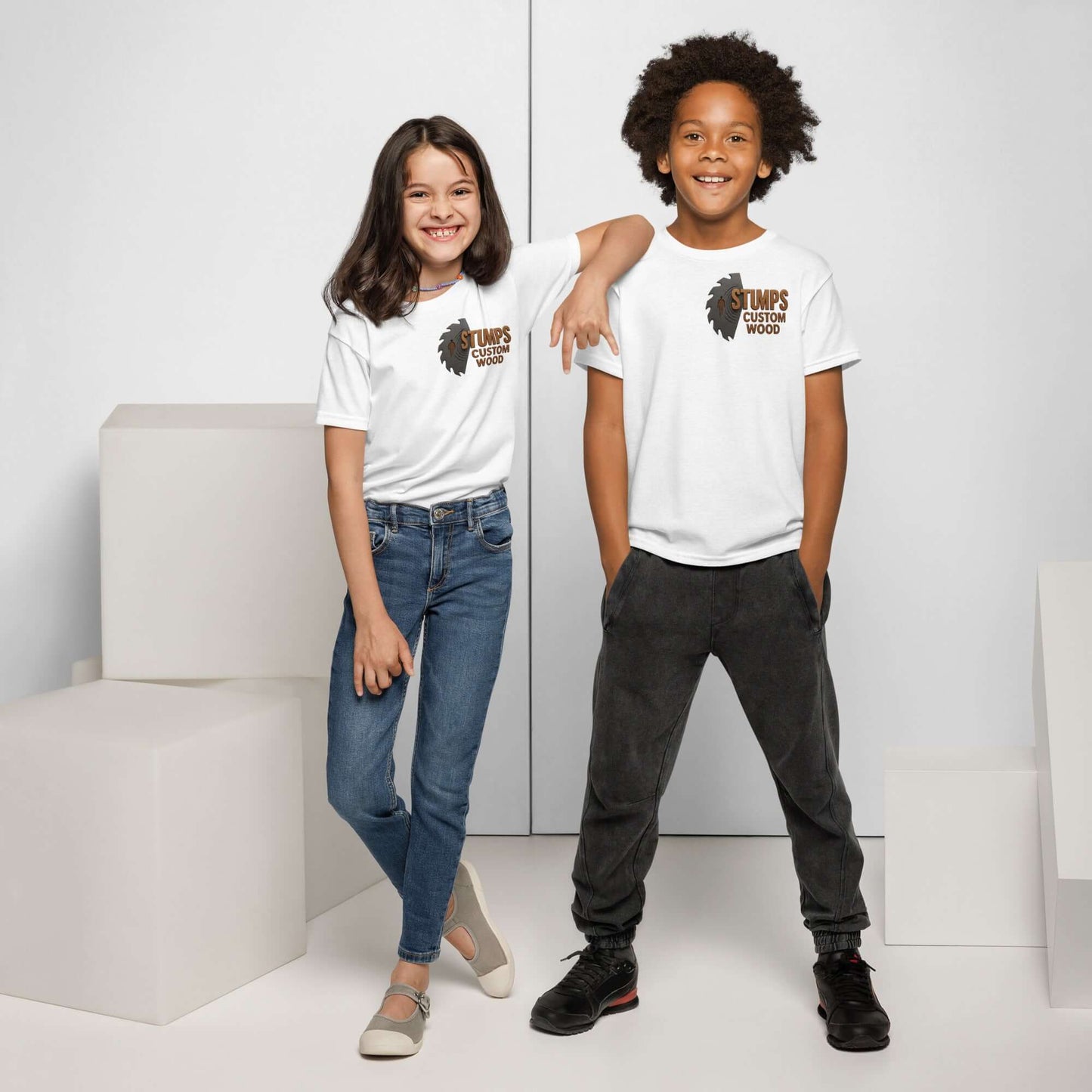 Stumps Custom Wood Youth t-shirt worn by two kids, featuring a modern fit and moisture-wicking fabric.