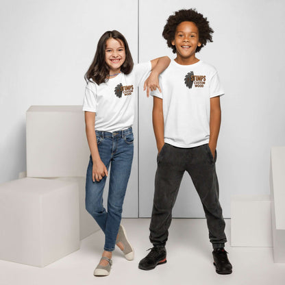 Stumps Custom Wood Youth t-shirt worn by two kids, featuring a modern fit and moisture-wicking fabric.
